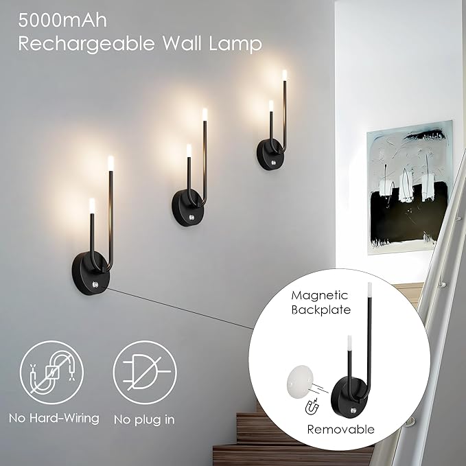 Aipsun Black Battery Operated Wall Sconce Set of 2, Modern LED Stepless Dimming Rechargeable Wall Sconce Indoor Wireless Wall Lights for Bedroom,Living Room,Hallway Warm Light 3000K