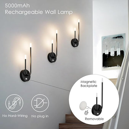 Aipsun Black Battery Operated Wall Sconce Set of 2, Modern LED Stepless Dimming Rechargeable Wall Sconce Indoor Wireless Wall Lights for Bedroom,Living Room,Hallway Warm Light 3000K