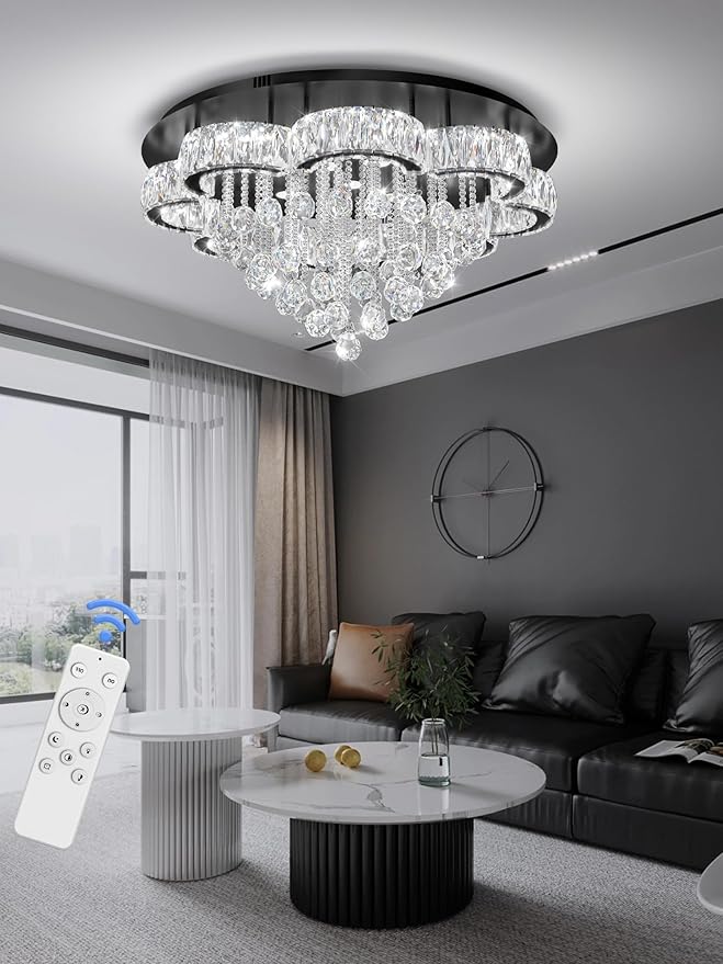 Flashing God W32inches Modern Black Chandeliers Raindrop Crystal Ceiling Lighting Fixture Flush Mount Chandelier for Living Room Hallway Dining Room Kitchen Bedroom