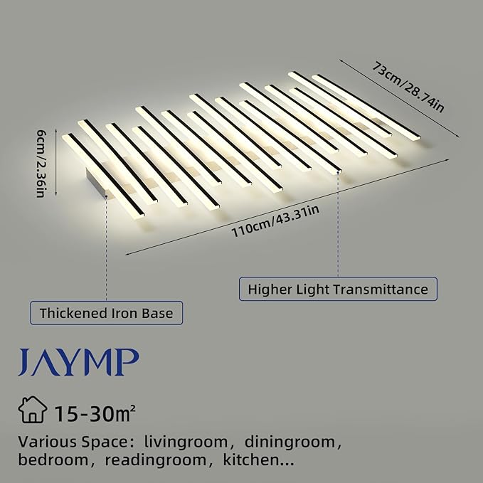 JAYMP 15 Lights Linear Modern Ceiling Light 43.3 inch Dimmable LED Chandelier Semi Flush Mount Light Fixture for Dining Room Kitchen Island Living Room