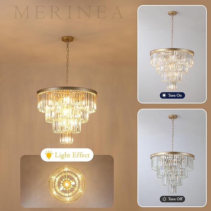 Modern Crystal Chandeliers Luxury Gold 24" Round Chandelier 12 Lights Ceiling Pendant Light Fixture 4-Tier K9 Crystal Lighting for Living Room Dining Room Staircase Foyer