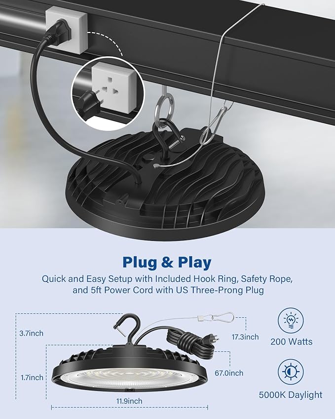 200W UFO LED High Bay Light, Adjustable Wattage 200W/150W/100W, 3-Color Temperature (6500K/5000K/3500K), 28,000LM, AC100-277V, Plug & Play LED Shop Lights Fixture for Warehouse, Garage, Factory