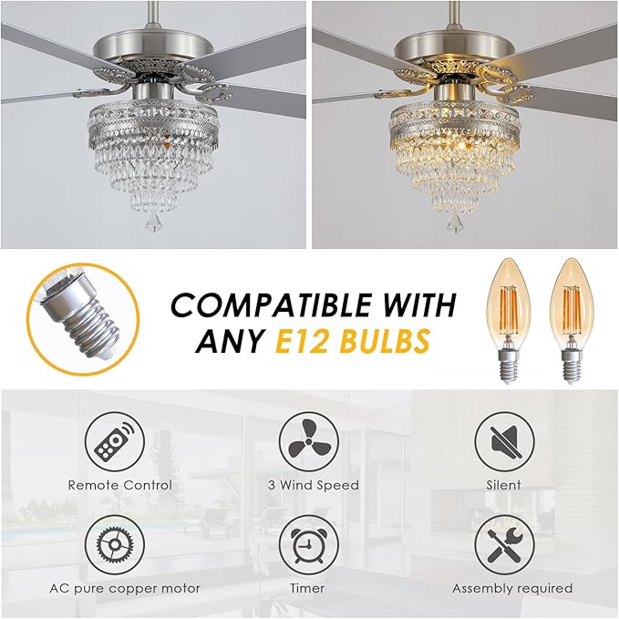 Asyko Crystal Ceiling Fan Fandelier with Lights and Remote Control，52" Modern Silver Chandelier Ceiling Fans with Reversible Blades, Silent Motor，Fandelier Ceiling Fan with Light Chrome