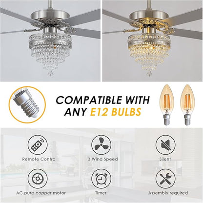 Asyko Crystal Ceiling Fan Fandelier with Lights and Remote Control，52" Modern Silver Chandelier Ceiling Fans with Reversible Blades, Silent Motor，Fandelier Ceiling Fan with Light Chrome