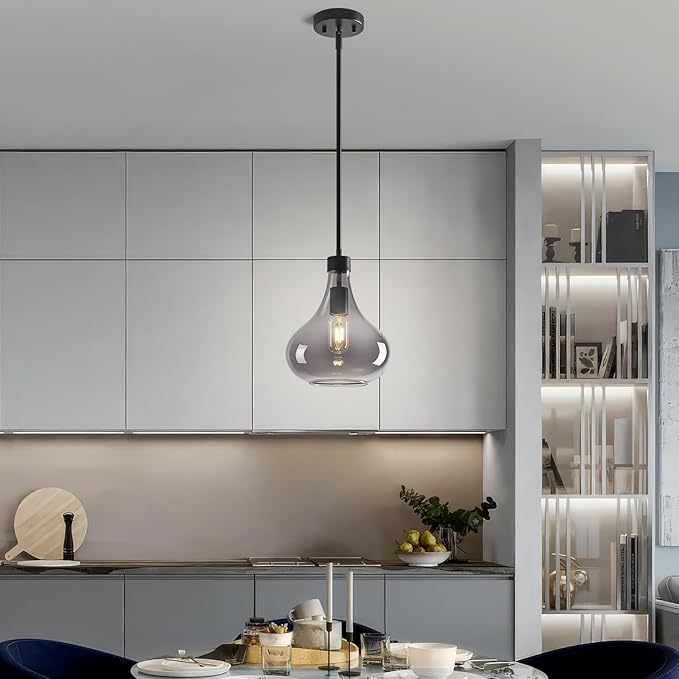 Modern Glass Pendant Light 9.44 in Smoke Gray Glass Shade Black Farmhouse Island Pendant Lights for Kitchen Pendant Lighting Over Sink Bedroom Dining Room