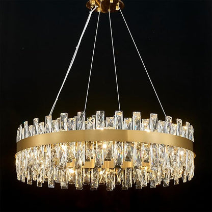 Modern Brass Gold Crystal Chandelier Lights, Round K9 Crystal Raindrop Chandelier, Pendant Ceiling Light Fixtures for Dining Living Dining Room Bedroom, Diameter 30 inches