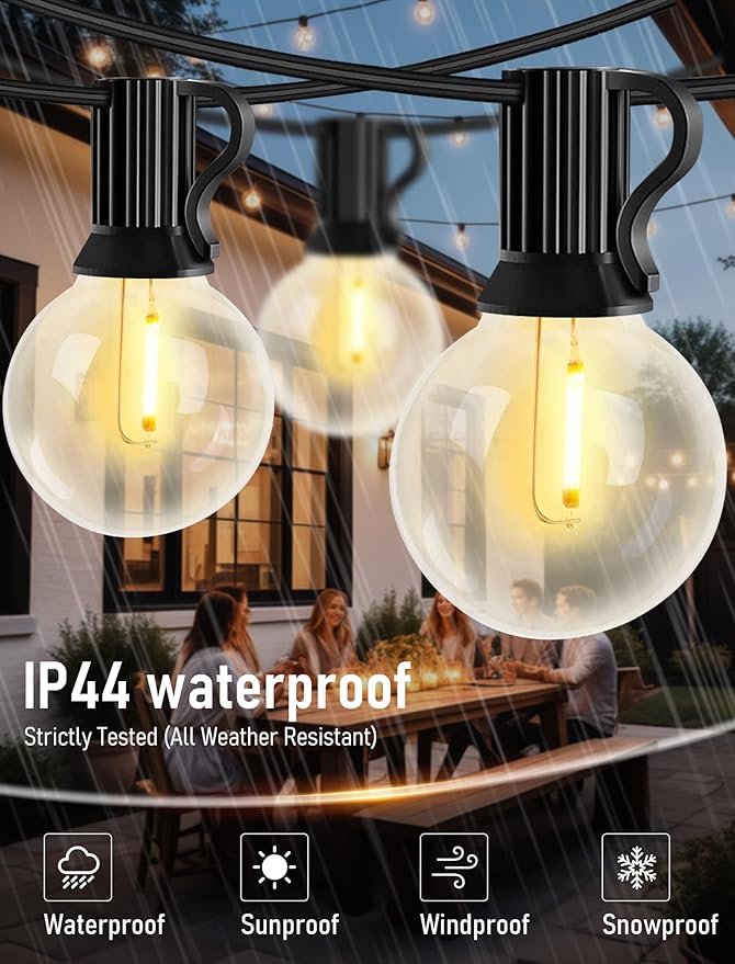 50FT Outdoor String Lights with G40 Globe Bulbs, Waterproof Patio Lighs with 27 Shatterproof LED Bulbs (2 Spares), Dimmable for Weddings, Backyard Parties, Porch Decor, Black Wire