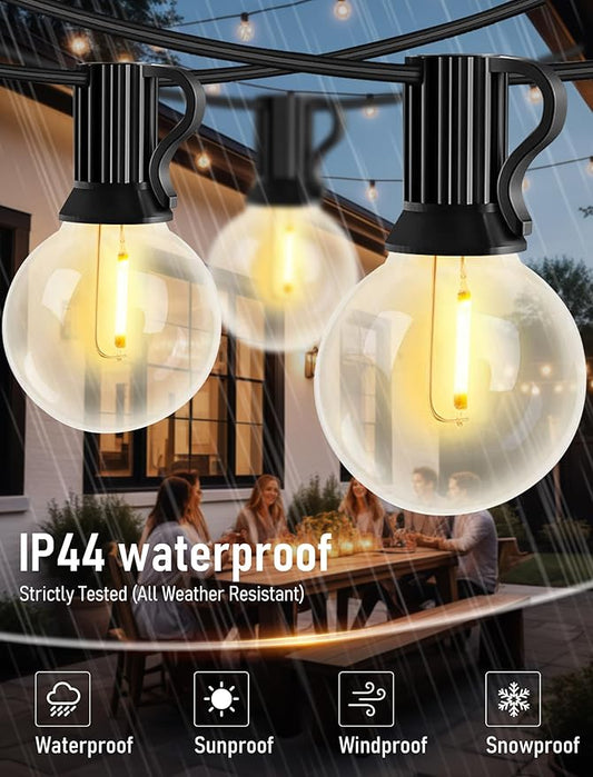 50FT Outdoor String Lights with G40 Globe Bulbs, Waterproof Patio Lighs with 27 Shatterproof LED Bulbs (2 Spares), Dimmable for Weddings, Backyard Parties, Porch Decor, Black Wire