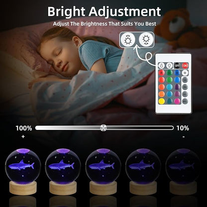 3D Crystal Ball Night Light, 3.15 Inch Glass Ball Lamp with 16 Color LED Wooden Base, Shark Night Light Decor for Birthday, Holiday, Christmas Gifts