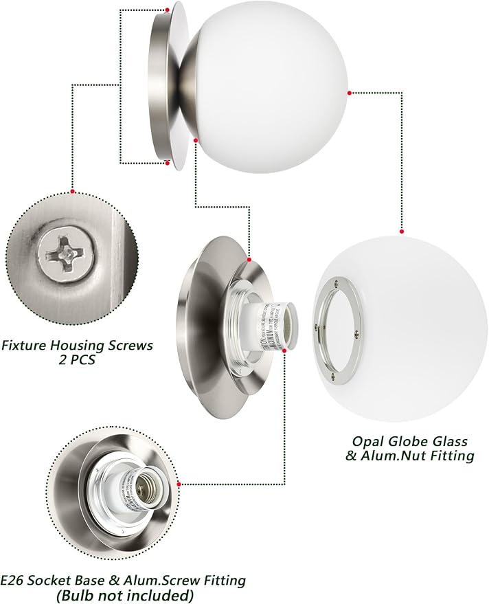 Wall Sconces, 1 Light Modern Globe Sconce in Brushed Nickel, Wall Light for Bedroom Bathroom Living Room & Hallway Vanity Lighting, Ceiling Light Fixture