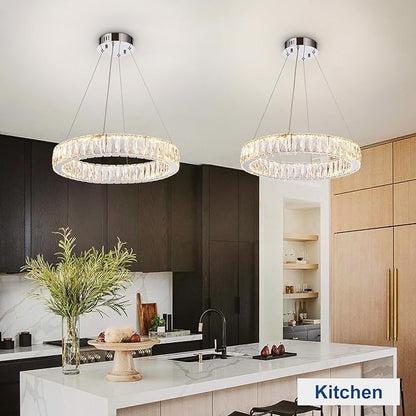 Depuley Modern LED Crystal Chandelier: 19.7" Ring Dimmable Pendant Light Adjustable for Dining Room - 30W Round Crystal Chandeliers for Bedroom Kitchen Over Table Living Room Porch Foyer