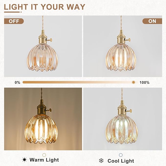 2 Pack Plug in Pendant Light Fixtures, Hanging Light Fixture Vintage Glass Pendant Light, Mini Amber Tulip Hanging Lamp, Pendant Lighting for Kitchen Island, Bedroom, Dining Room, Living Room