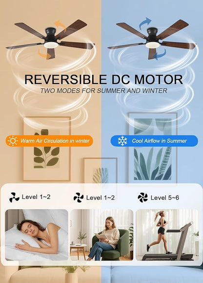 JSAITEE Ceiling Fans with Lights, 52Inch Low Profile Ceiling Fan with Light and Remote/App Control, Modern Flush Mount Brown Ceiling Fan, 3CCT Dimmable, Reversible DC Motor, for Living Room,Bedroom