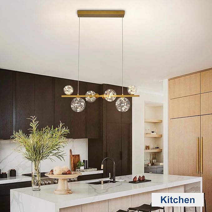 Depuley Linear Chandeliers for Dining Room: 23.62In Sputnik Chandeliers 6-Light Glass Globe Chandelier - Modern Gold Bubble Large Pendant Lights for Kitchen Island Lighting
