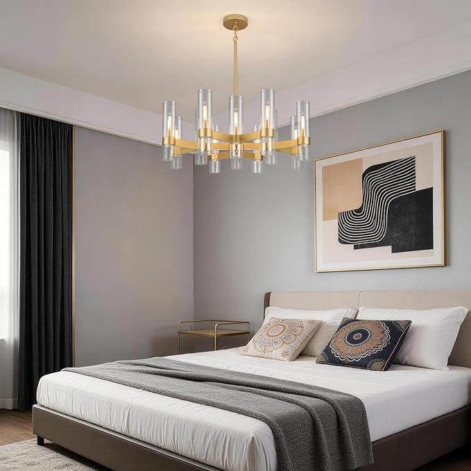 12 Light Gold Chandeliers for Dining Room Light Fixture, Modern Farmhouse Chandelier Over Table, Kitchen Hanging Lighting with Clear Glass Cover for Living Dining Room Kitchen Bedroom Foyer 34"