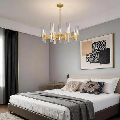 12 Light Gold Chandeliers for Dining Room Light Fixture, Modern Farmhouse Chandelier Over Table, Kitchen Hanging Lighting with Clear Glass Cover for Living Dining Room Kitchen Bedroom Foyer 34"