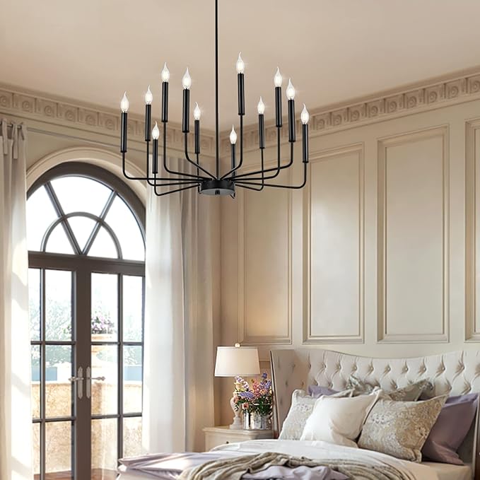 WOKNOS Modern Black Farmhouse Chandeliers, 12-Light Industrial Metal Chandelier Lighting, Classic Candle Hanging Pendant Light Fixtures for Living Room, Dining Room, Kitchen, Bedroom, Entryway