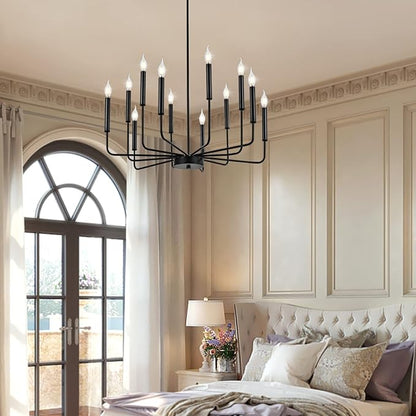 WOKNOS Modern Black Farmhouse Chandeliers, 12-Light Industrial Metal Chandelier Lighting, Classic Candle Hanging Pendant Light Fixtures for Living Room, Dining Room, Kitchen, Bedroom, Entryway