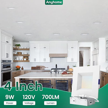 6 Pack 4 Inch Square Ultra-Thin Led Recessed Lighting,Recessed Led Downlight with Junction Box,5CCT 2700K-5000K Dimmable,with Baffle Anti-Glare,9W 700LM,ETL & ES