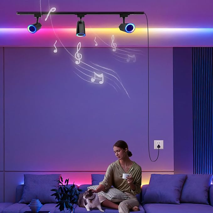 Gsou 3 Pack Track Lighting Speakers, Track Light Bluetooth Speaker, RGB Color Changing, with Remote, Music Sync, Plug IN Light head with 3.3FT Track Rail, Ideal for Smart TV, Home Decor, Kitchen, Game