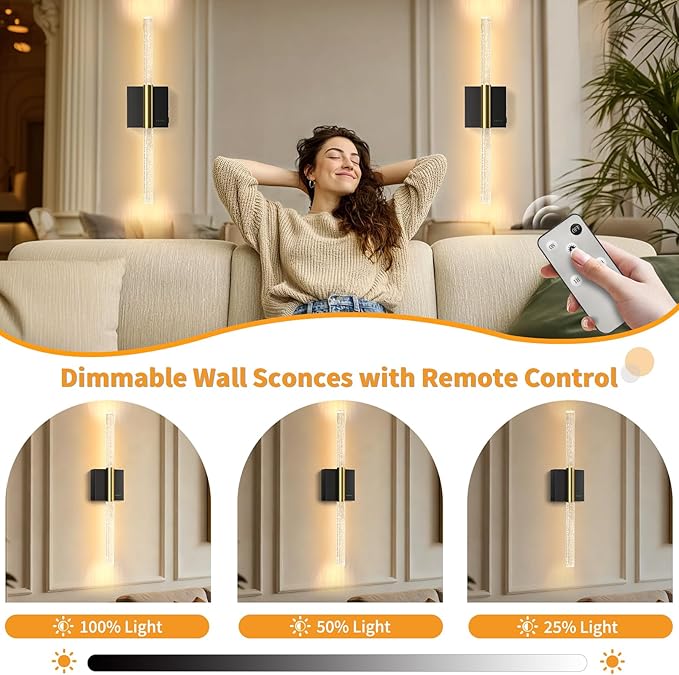 Battery Operated Wall Sconces Set of 2, 28in Rechargeable Wireless Wall Lights, 8000mAh Dimmable Modern LED Wall Lamp Fixtures with Timer Function for Living Room Bedroom Bathroom Hallway, Black