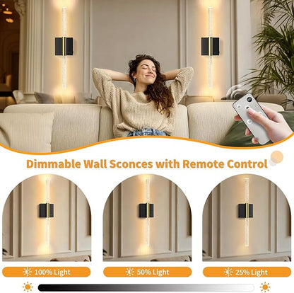Battery Operated Wall Sconces Set of 2, 28in Rechargeable Wireless Wall Lights, 8000mAh Dimmable Modern LED Wall Lamp Fixtures with Timer Function for Living Room Bedroom Bathroom Hallway, Black