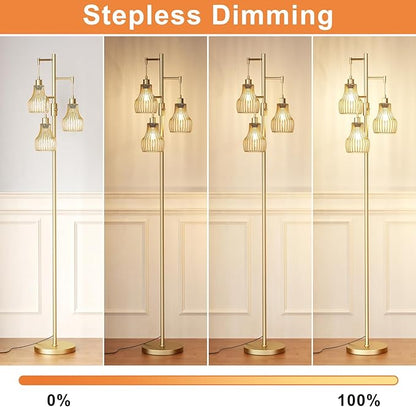 Ziisee Dimmable Gold Floor Lamps for Living Room, 70" Farmhouse Tree Standing Tall Lamps with 3 Elegant Cage Shade & 800 Lumens LED Bulbs for Bedroom Office