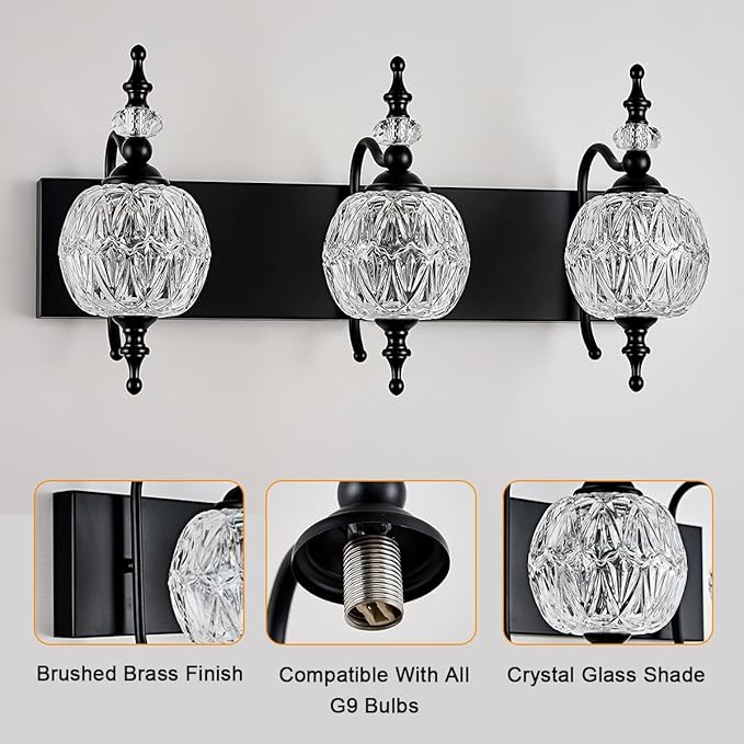 Vintage Black 3 Lights Bathroom Vanity Light Fixtures, Modern Bedhroom Lighting Painted Black Surface with Thick Crystal Glass Shade, Vintage Vanity Light for Bathroom Farmhouse Bedroom