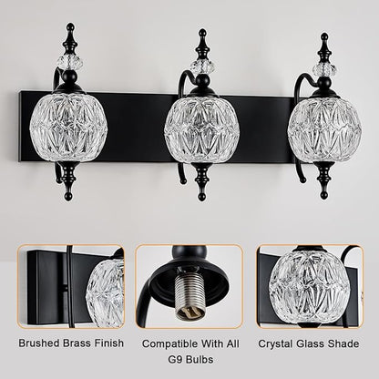 Vintage Black 3 Lights Bathroom Vanity Light Fixtures, Modern Bedhroom Lighting Painted Black Surface with Thick Crystal Glass Shade, Vintage Vanity Light for Bathroom Farmhouse Bedroom