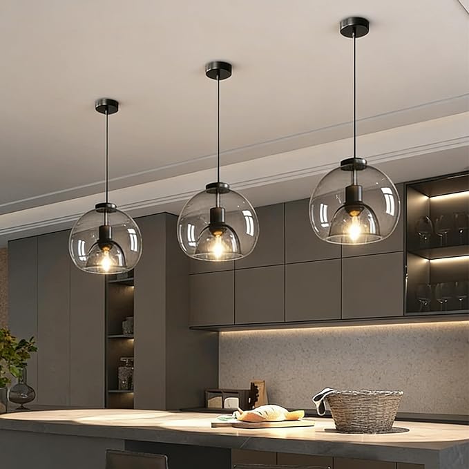 9.1in Large Smoke Glass Pendant Light for Kitchen Island, 2-Pack with Extra 2 LED Bulbs & 4.92ft Adjustable Cord | Modern Minimalist Lighting for Dining Room, Living Room, Entryway