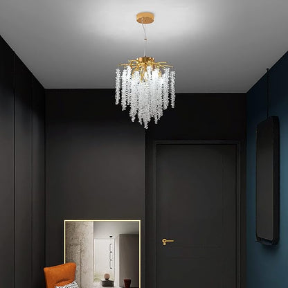 Modern Tree Branch Chandelier, D11.8'' Gold Crystal Raindrop Indoor Hanging Pendant Light Fixture for Dining Room Kitchen Island Bedroom 5 Lights