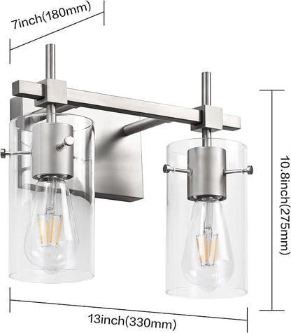 SOLFART 2 Light Wall Scone Vintage Vanity Light Fixtures Brushed Nickel Wall Light for Bathroom Lights Over Mirror with Glass Shade Light Fixtures (Exclude Bulb)