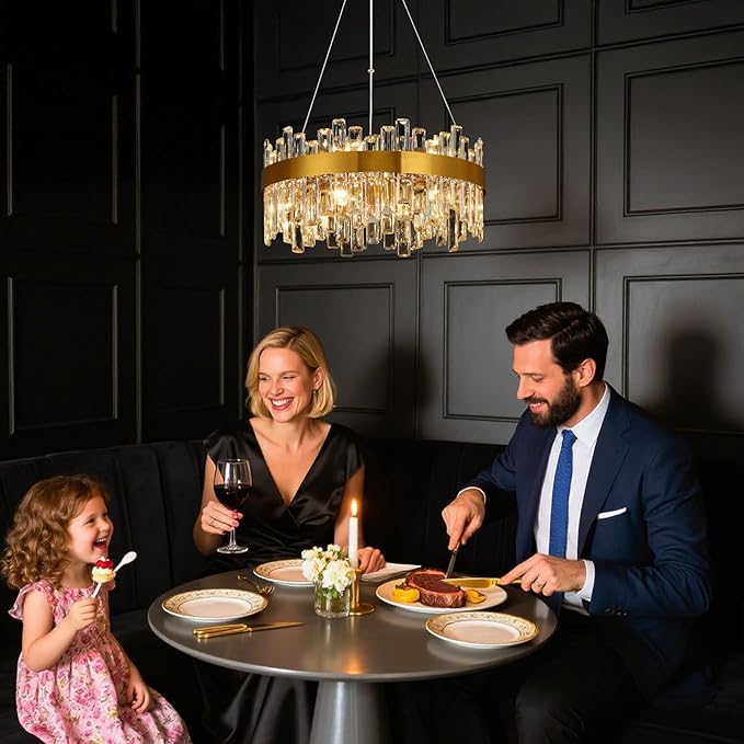 Crystal Chandeliers for Dining Room Lights Fixtures, 12 Lights Luxury Gold Modern Chandeliers for Bedroom, 2-Tier Round Crystal Lighting Fixtures for Living Room Entryway Kitchen Island D20 Inch