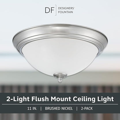 Designers Fountain Flush Mount Ceiling Light, 11 Inch Frosted Glass Lighting Fixture for Kitchen, Bedroom, Bathroom, and Hallway, LED Bulbs Not Included, Brushed Nickel