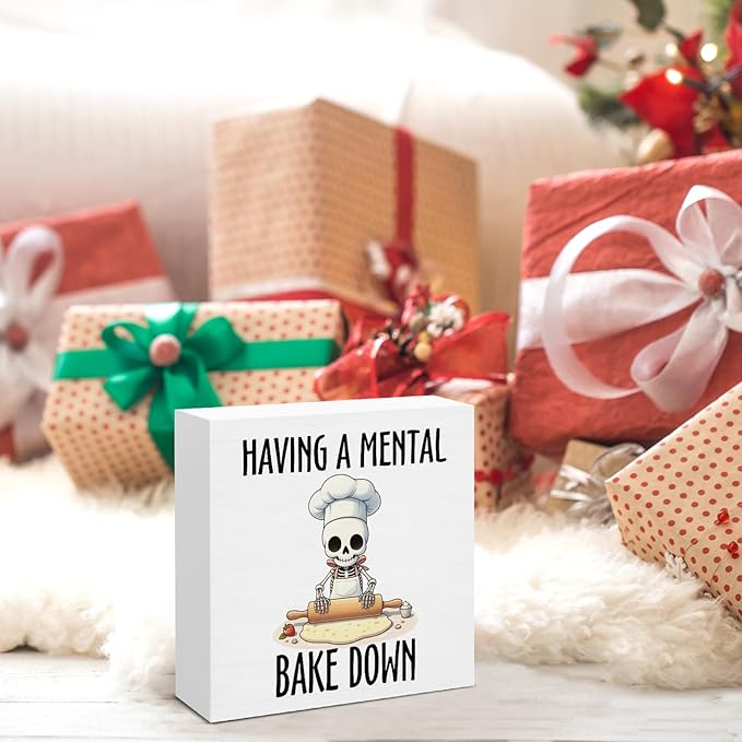 Goth Skull Skeleton Bakery Decor, Funny Gifts for Bakers Cooks Baking Lover, Having a Mental Bake Down Wooden Sign for Home Kitchen Bakery Desk Decoration