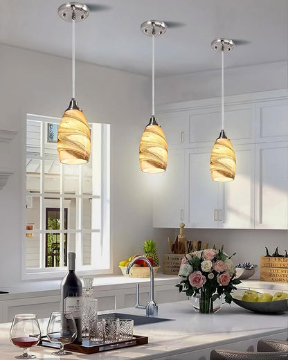 karyfine Mini Pendant Lights Kitchen Island Light Brown Glass Lamp Shade Hand Blown Glass Pendant Light with Brush Nickel Finish Adjustable Cord for Kitchen Over Sink, Dining Room (Light Brown-3P)