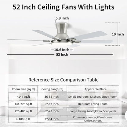 52 Inch Brushed Nickel Ceiling Fans with Lights and Remote,Flush Mount Low Profile 6 Blades Ceiling Fan with 10 Inch Lighting Fixture,Quiet Reversible DC Motor for Living Room,Bedroom and Patio