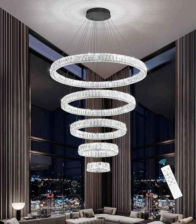 HAIXIANG 5-Rings Modern Chandelier with LED Dimmable Lights Crystal High Ceiling Chandeliers Lighting for Living Room Foyer Entryway Luxury Indoor Light Black Fixtures
