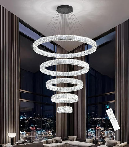 HAIXIANG 5-Rings Modern Chandelier with LED Dimmable Lights Crystal High Ceiling Chandeliers Lighting for Living Room Foyer Entryway Luxury Indoor Light Black Fixtures