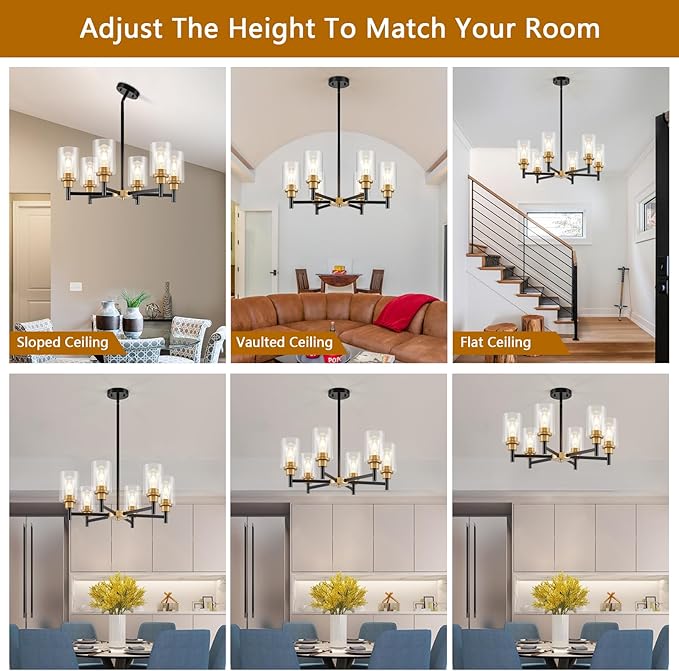 6-Light Modern Chandeliers, Black and Gold Chandelier Light Fixture with Clear Glass Shades, Hanging Pendant Lighting for Dining Room, Living Room, Kitchen, Staircase, Entryway
