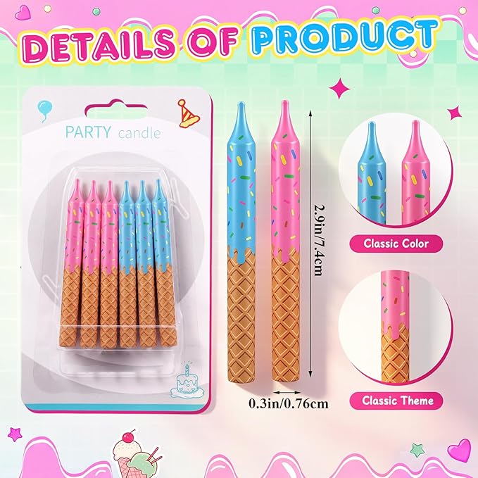Conelist 12 Pcs Ice Cream Themed Birthday Candles Pink Blue Birthday Decorations Cartoon Movie Cake Toppers for Ice Cream Themed Party Supplies