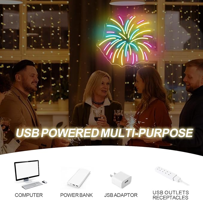 Fireworks Neon Sign 13.8x12.8in LED Wall Light USB Powered Decorative Sign for New Year Party Holiday Celebration Bedroom Living Room Wedding Party Decor