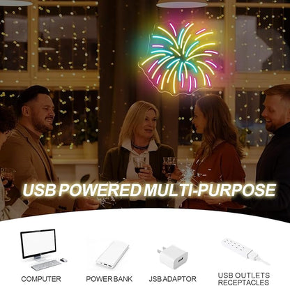 Fireworks Neon Sign 13.8x12.8in LED Wall Light USB Powered Decorative Sign for New Year Party Holiday Celebration Bedroom Living Room Wedding Party Decor