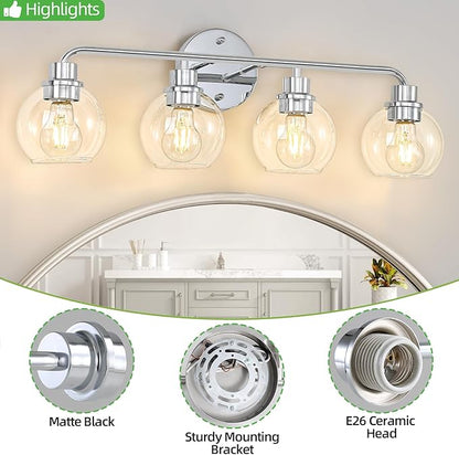 Bathroom Light Fixtures Chrome Vanity Light 27 Inch Silver 4 Light Modern Wall Sconces Lighting Bathroom Lights with Globe Glass Shades Bath Wall Lights for Mirror Kitchen Living Room Hallway