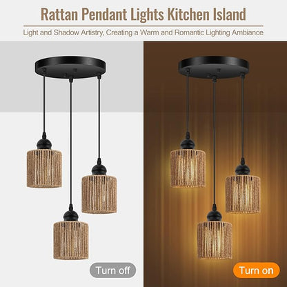 BoostArea 3-Light Rattan Pendant Lights Kitchen Island, Farmhouse Chandelier with Handwoven Wicker Shade, Adjustable Height Boho Hanging Light for Kitchen Island/Dining Room/Bedroom/Hallway, No Bulb