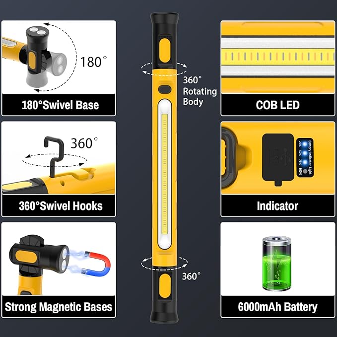 ERAY Magnetic LED Work Light Bar, 6000mAh /3000LM Rechargeable Inspection Lamp - 3 Color Modes 360° Adjustable USB Output IP55 Waterproof, Car Repairing Inspection Garage Workshop Emergency