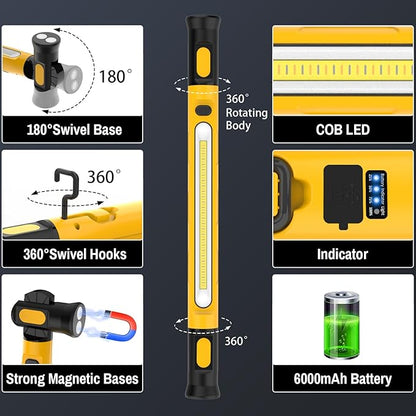 ERAY Magnetic LED Work Light Bar, 6000mAh /3000LM Rechargeable Inspection Lamp - 3 Color Modes 360° Adjustable USB Output IP55 Waterproof, Car Repairing Inspection Garage Workshop Emergency