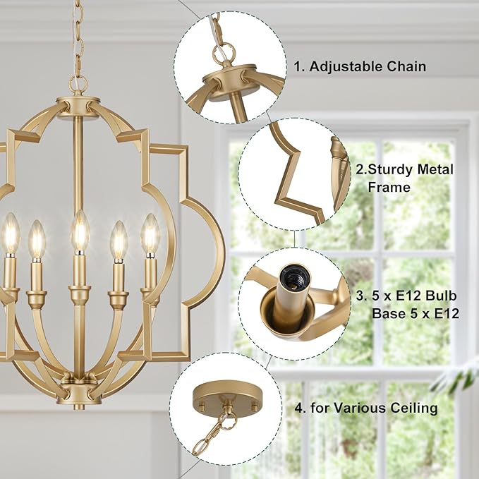 5-Light Gold Farmhouse Pendant Hanging Light Fixtures, 22" Rustic Globe Chandelier for Kitchen Island, Dining Room, Living Room, Hallway, Entryway