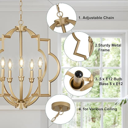 5-Light Gold Farmhouse Pendant Hanging Light Fixtures, 22" Rustic Globe Chandelier for Kitchen Island, Dining Room, Living Room, Hallway, Entryway