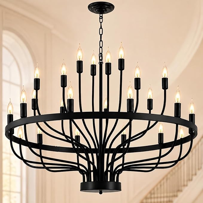 Shandaglo Large Black Chandelier 24-Light, Round 3-Tier Wagon Wheel Fixture, 39 in Farmhouse Candle Pendant with E12 Base for Dining Room, Foyer, Living Room, Hallway, High Ceiling